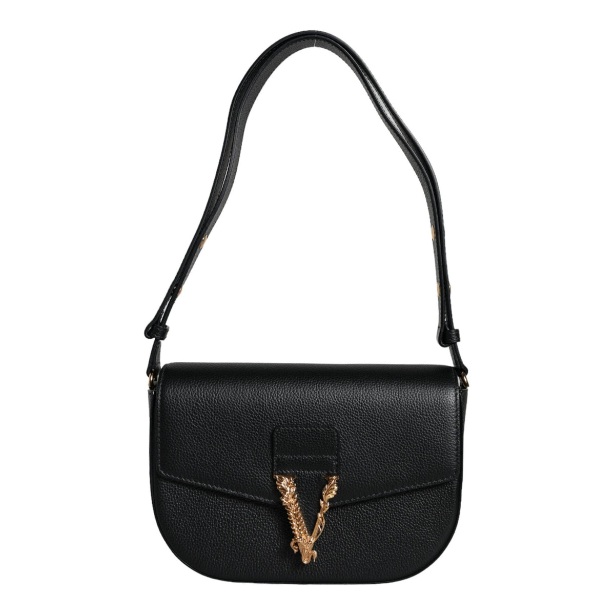 Versace Black Grainy Calf Leather Logo Crossbody Shoulder Bag