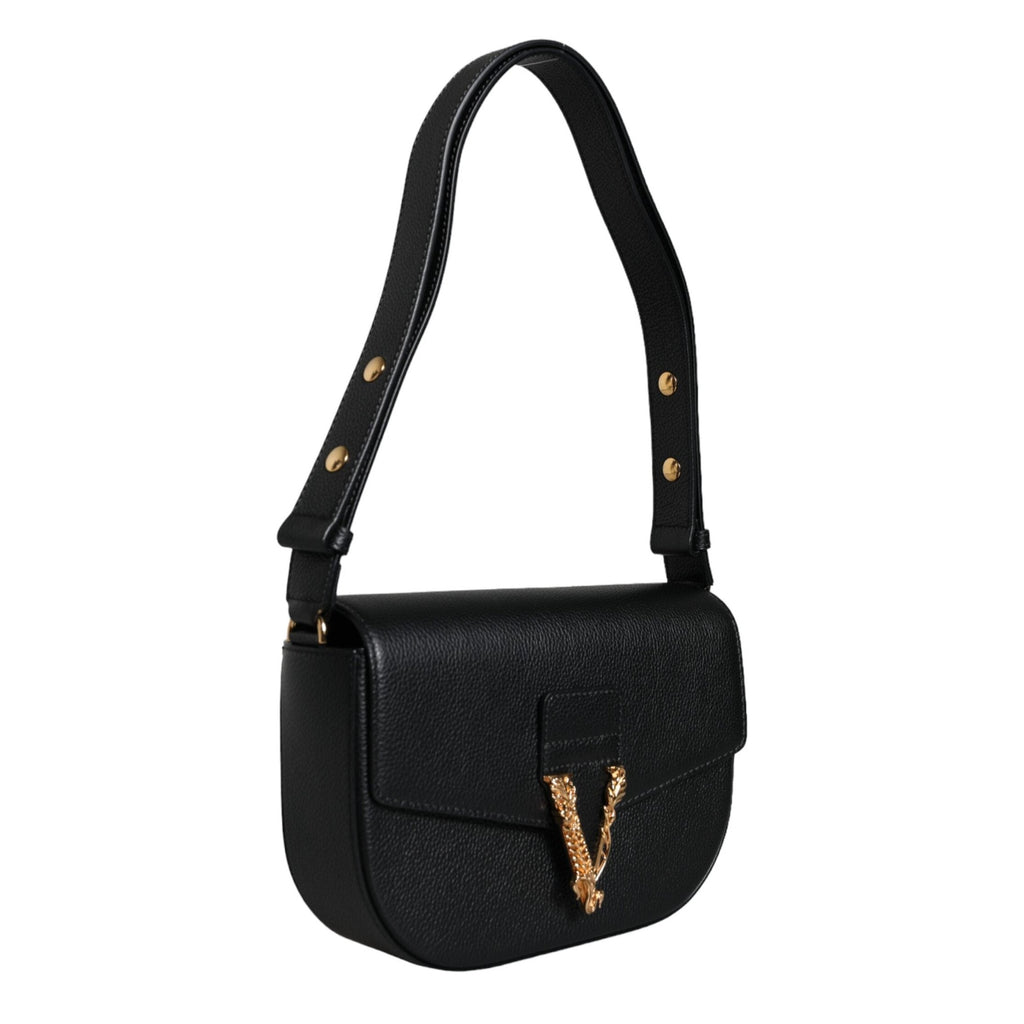 Versace Black Grainy Calf Leather Logo Crossbody Shoulder Bag