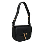 Versace Black Grainy Calf Leather Logo Crossbody Shoulder Bag