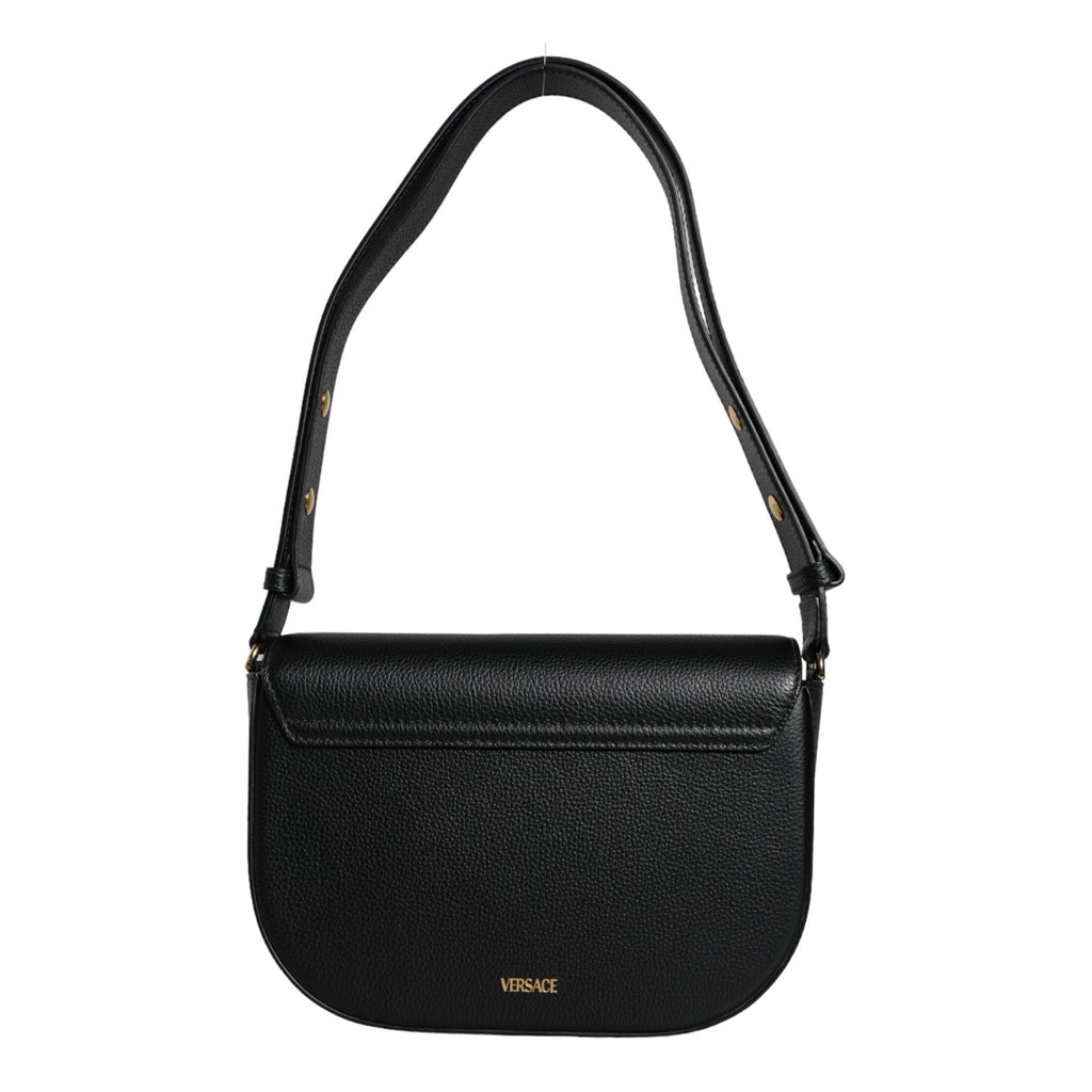 Versace Black Grainy Calf Leather Logo Crossbody Shoulder Bag