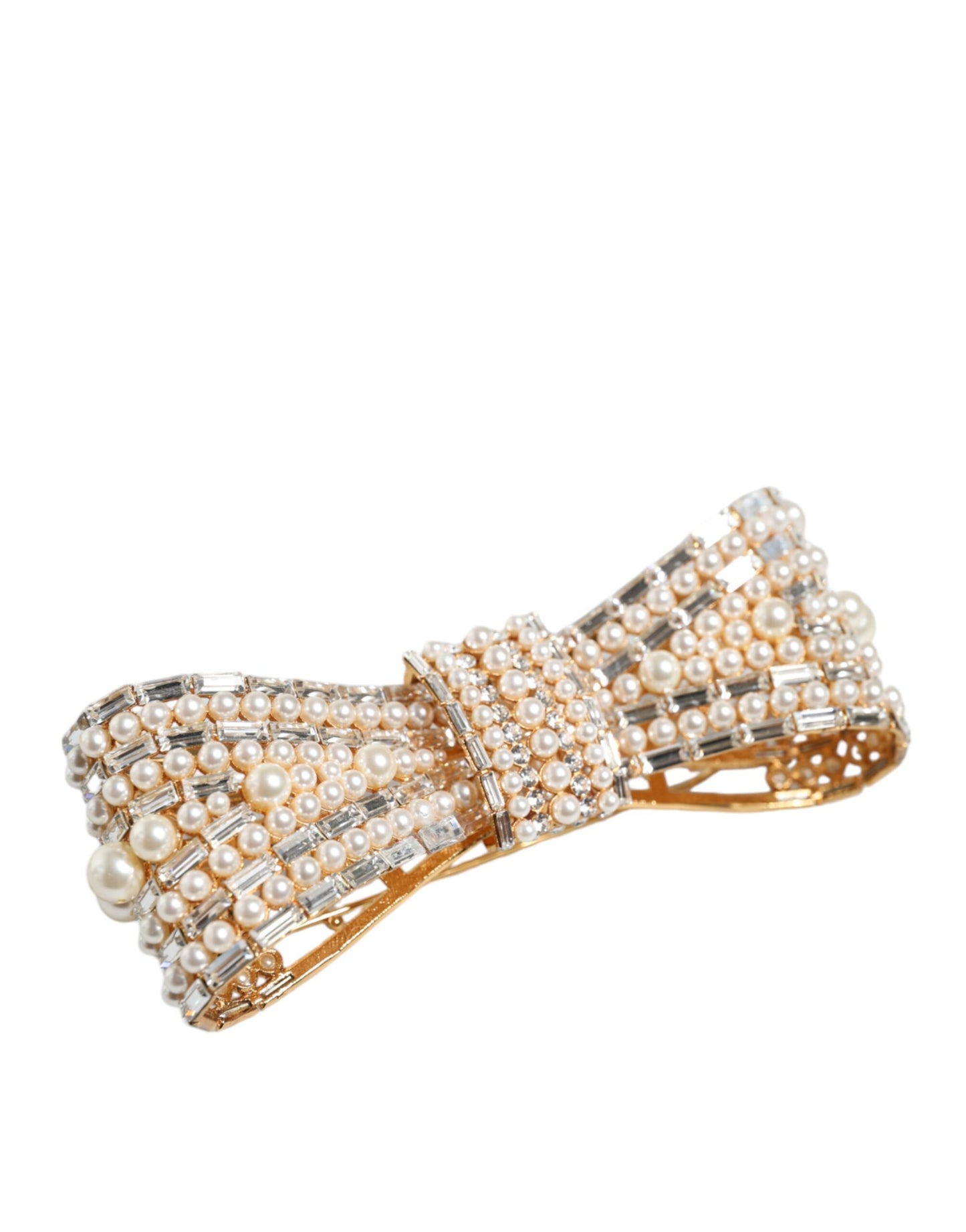 Dolce & Gabbana Gold Tone Brass Bow Crystal FauxPearl Embellished Brooch Dolce & Gabbana