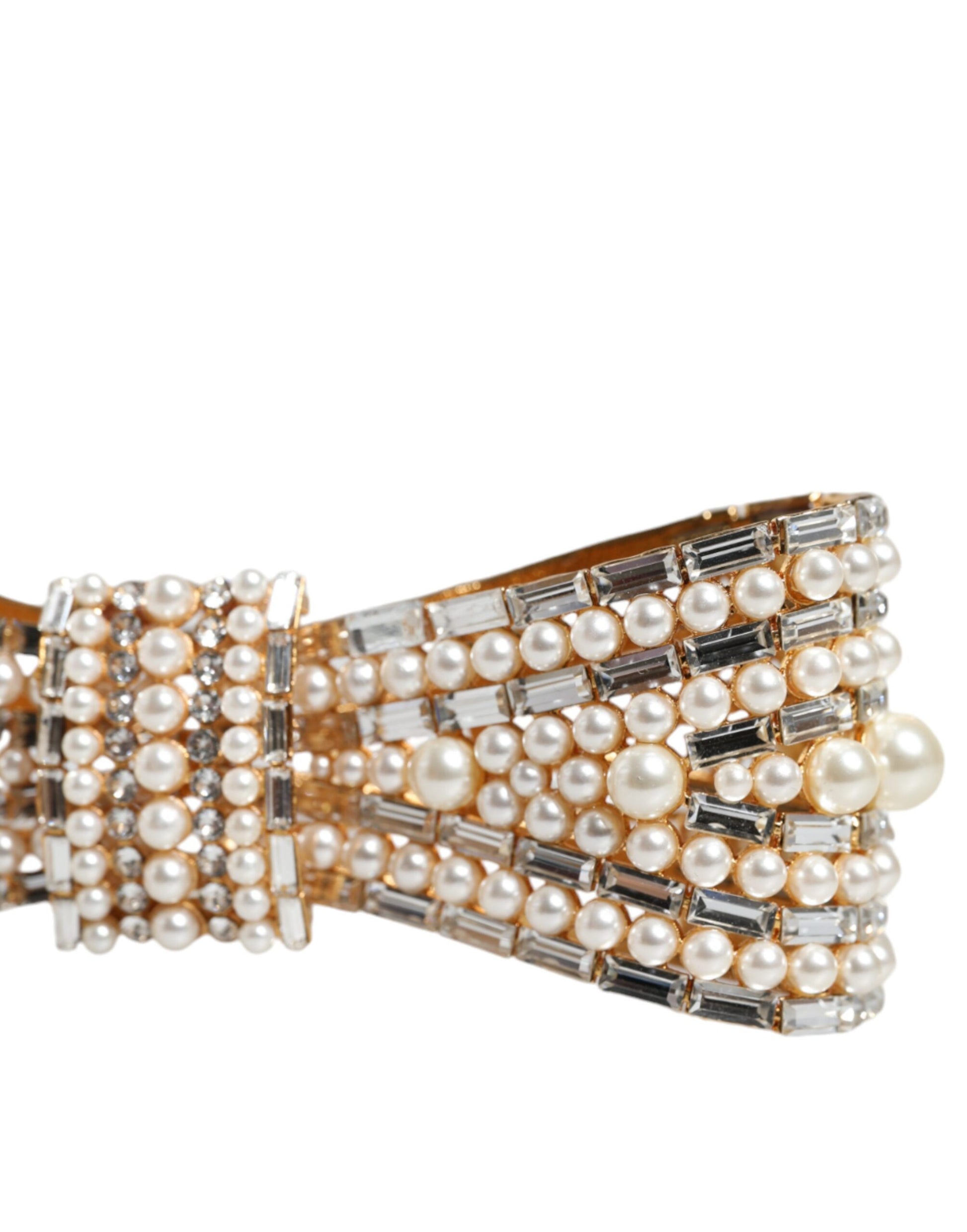 Dolce & Gabbana Gold Tone Brass Bow Crystal FauxPearl Embellished Brooch Dolce & Gabbana