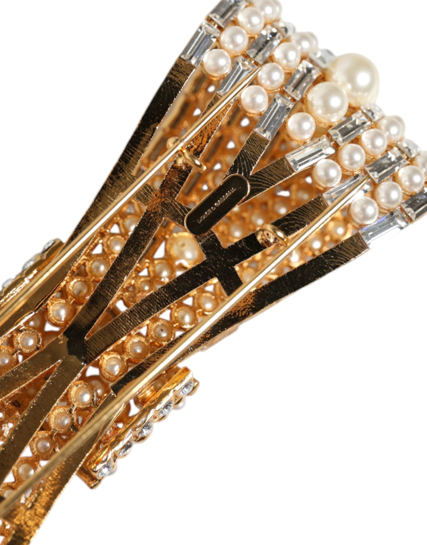 Dolce & Gabbana Gold Tone Brass Bow Crystal FauxPearl Embellished Brooch Dolce & Gabbana