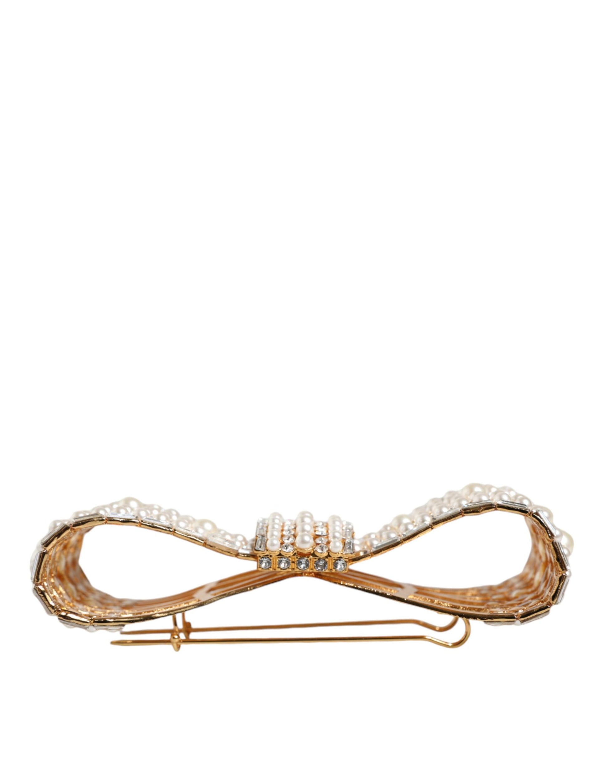 Dolce & Gabbana Gold Tone Brass Bow Crystal FauxPearl Embellished Brooch Dolce & Gabbana