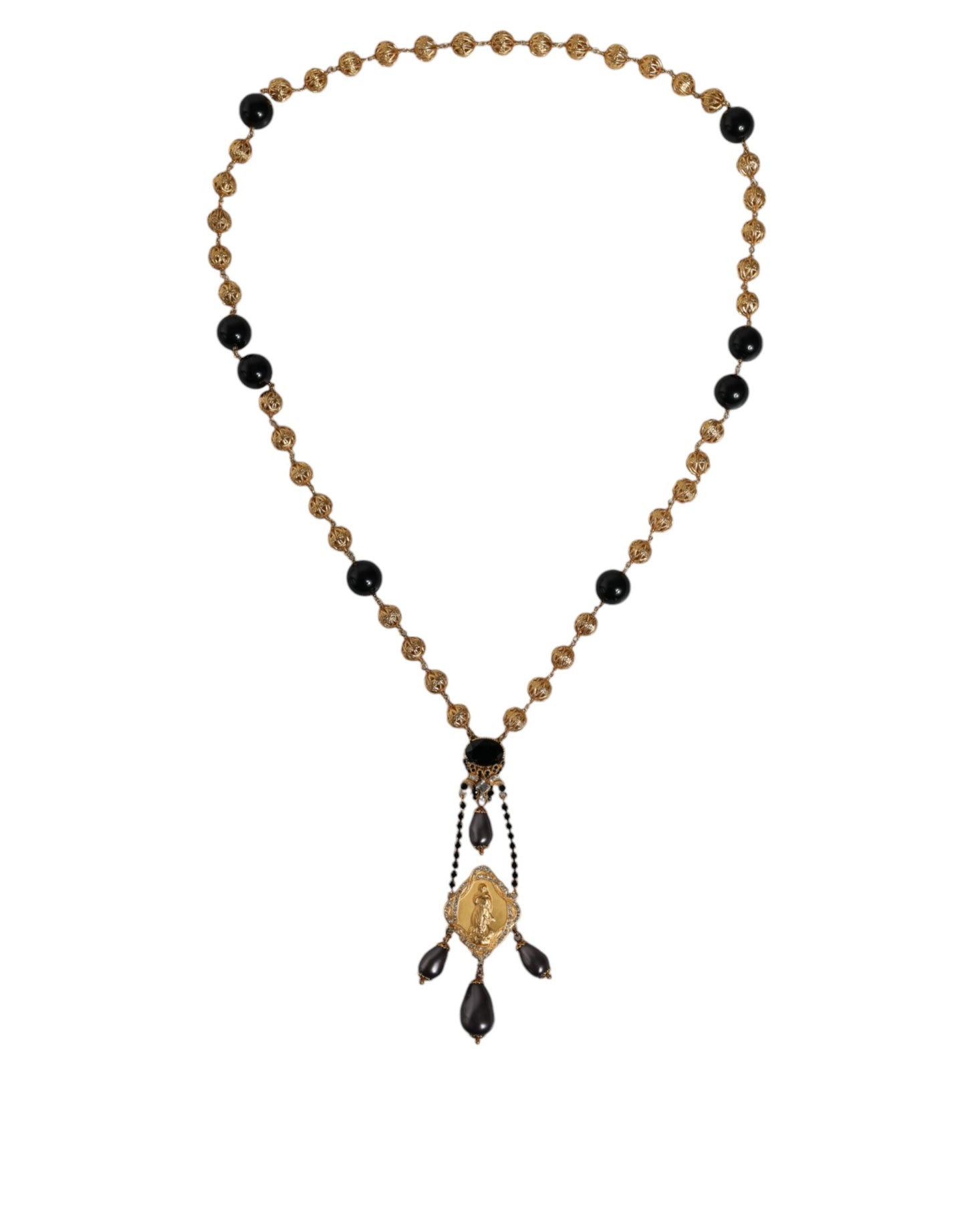 Dolce & Gabbana Gold Chain Brass Black Beaded Rosary Style Necklace Dolce & Gabbana