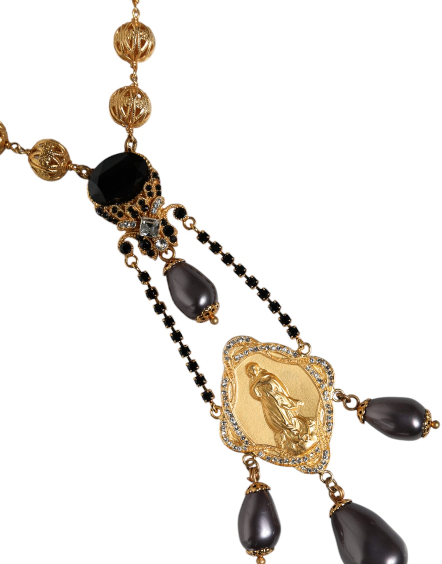 Dolce & Gabbana Gold Chain Brass Black Beaded Rosary Style Necklace Dolce & Gabbana