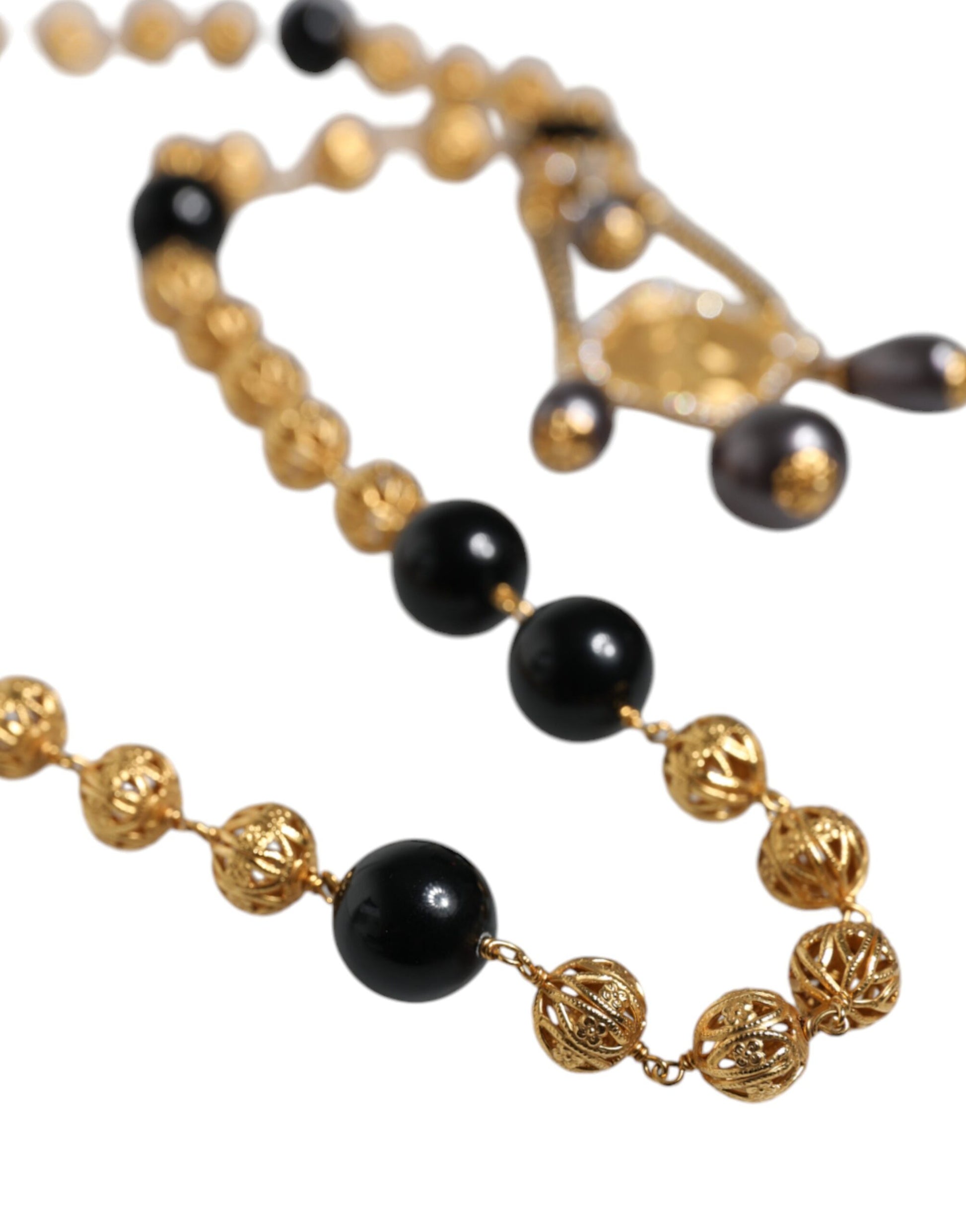 Dolce & Gabbana Gold Chain Brass Black Beaded Rosary Style Necklace Dolce & Gabbana
