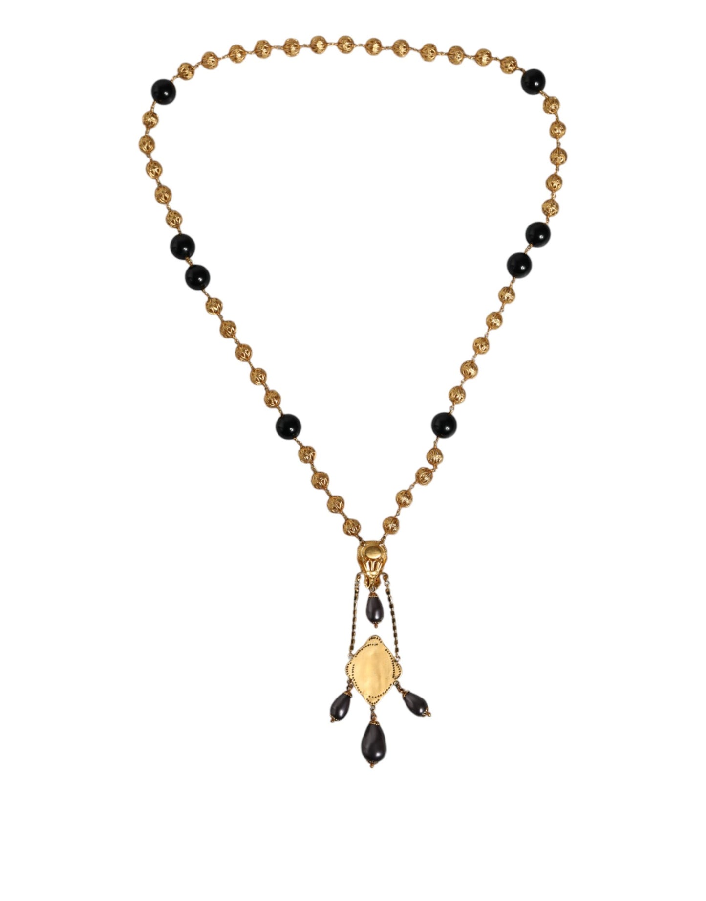Dolce & Gabbana Gold Chain Brass Black Beaded Rosary Style Necklace Dolce & Gabbana
