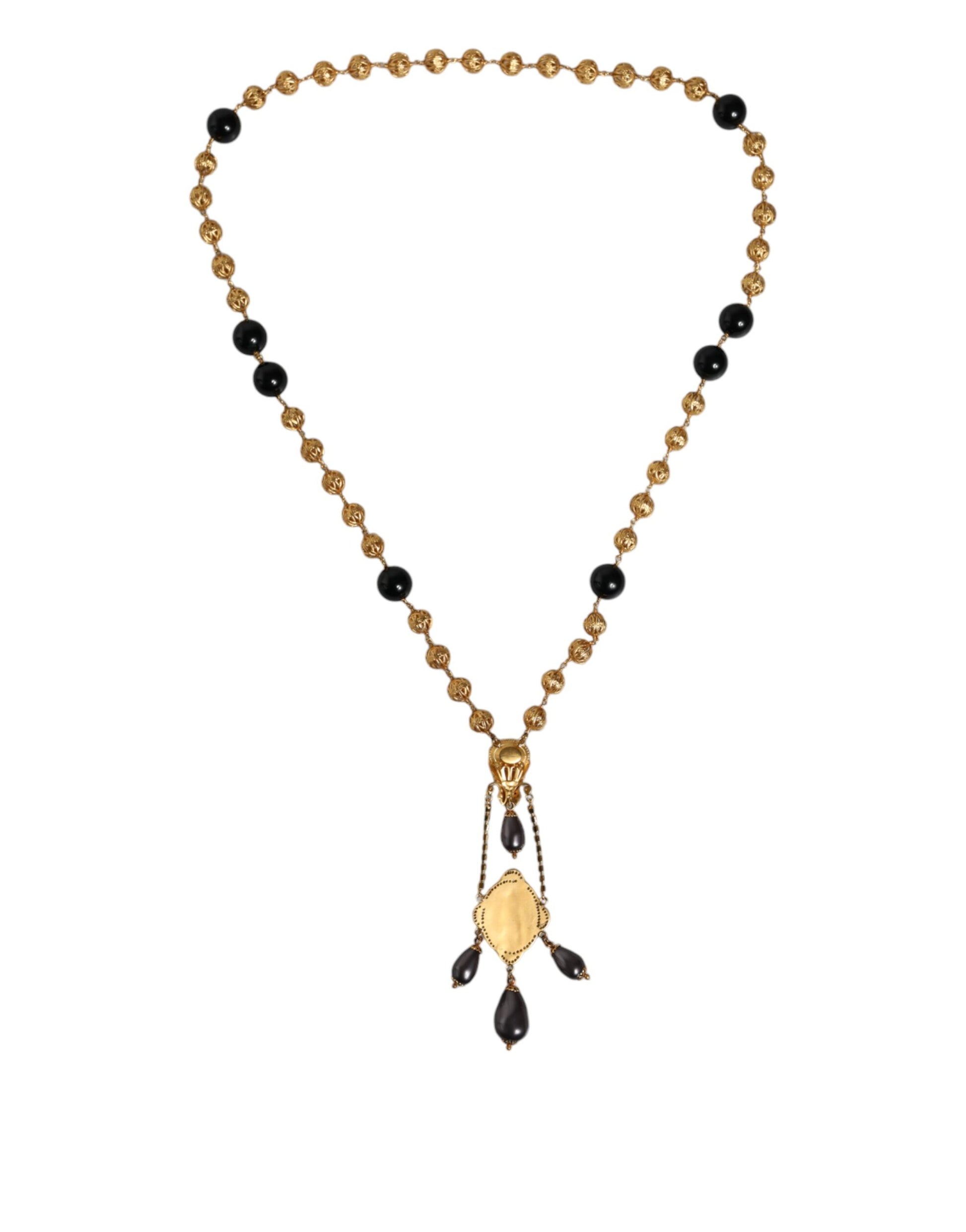 Dolce & Gabbana Gold Chain Brass Black Beaded Rosary Style Necklace Dolce & Gabbana