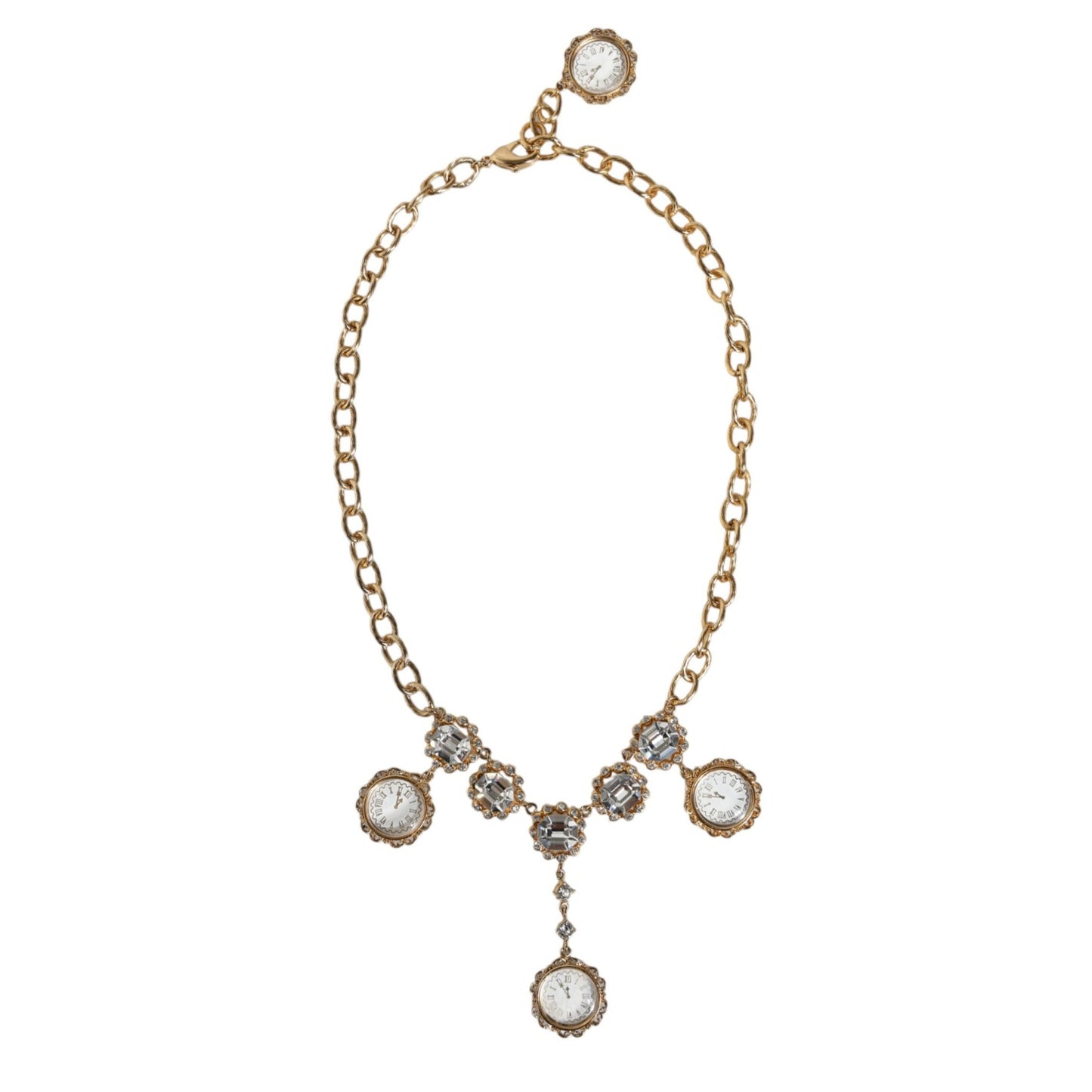 Dolce & Gabbana Gold Chain Brass Crystal Clock Statement Necklace