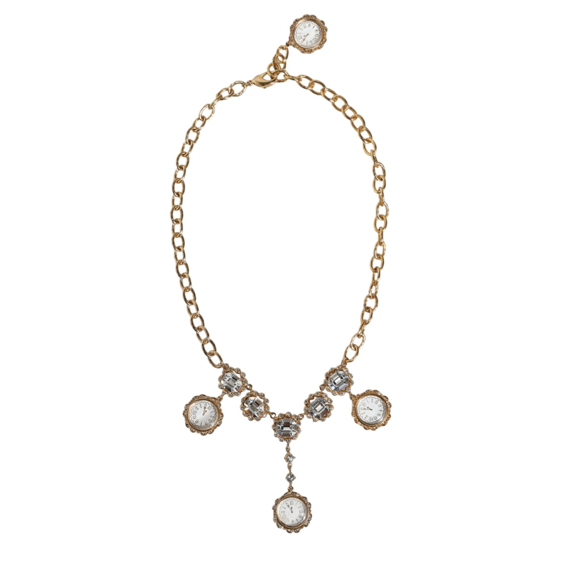 Dolce & Gabbana Gold Chain Brass Crystal Clock Statement Necklace