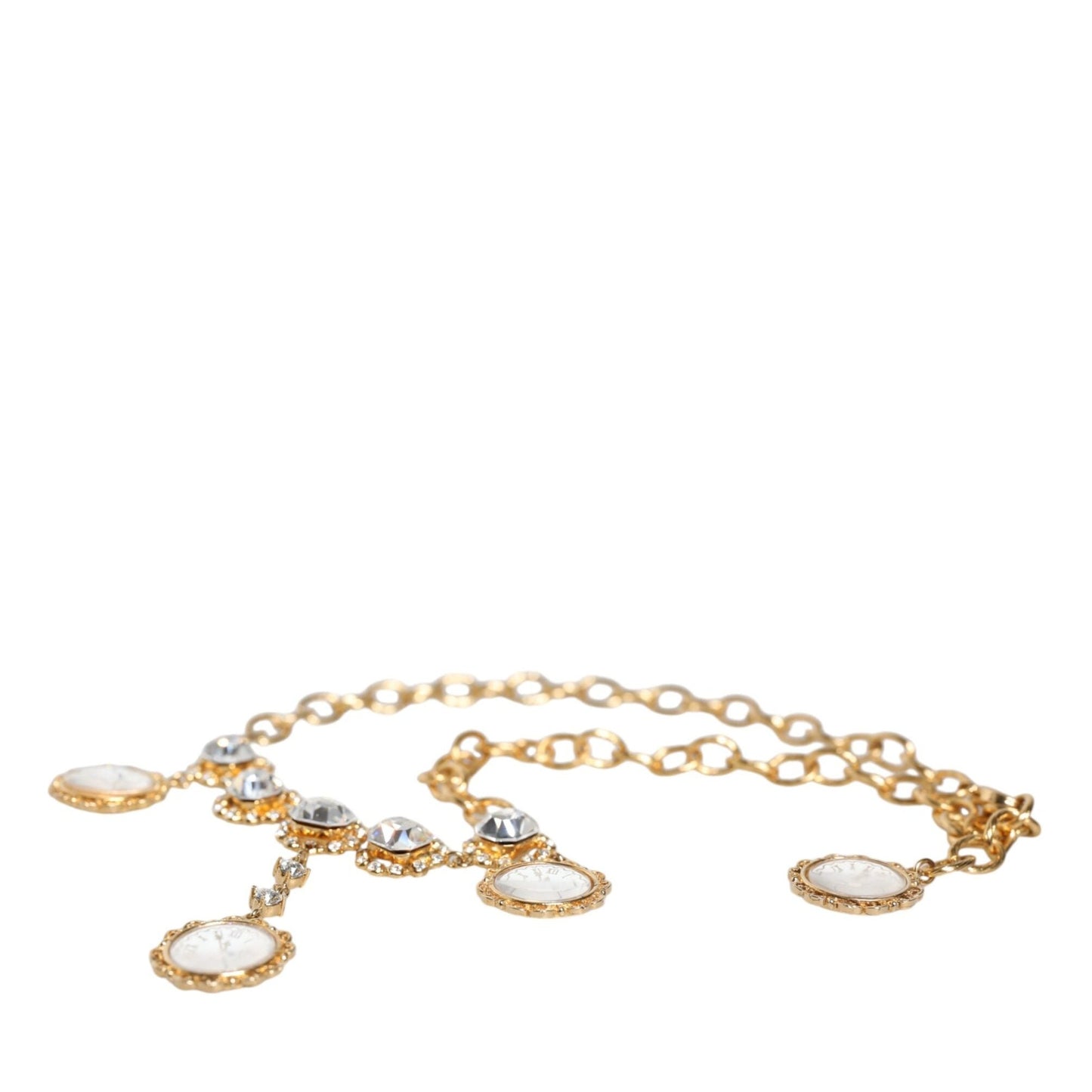 Dolce & Gabbana Gold Chain Brass Crystal Clock Statement Necklace