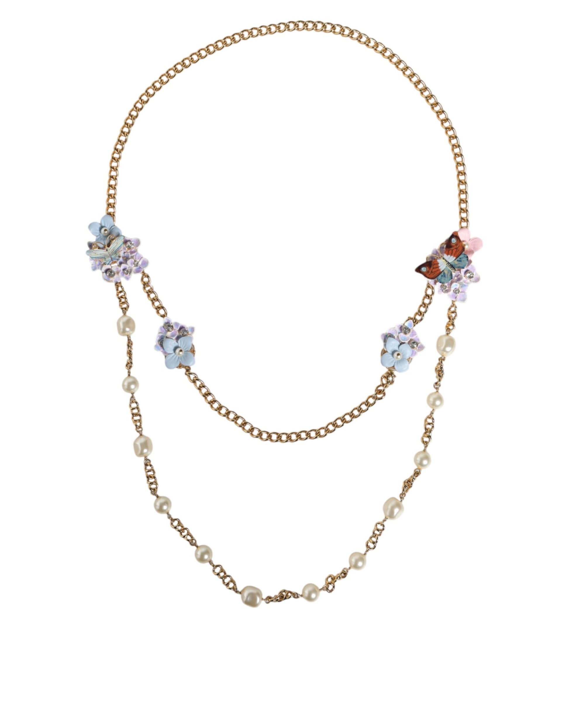 Dolce & Gabbana Gold Chain Brass Floral Layered Crystal Pearl Necklace Dolce & Gabbana