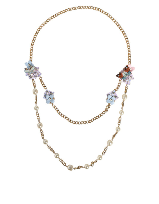 Dolce & Gabbana Gold Chain Brass Floral Layered Crystal Pearl Necklace Dolce & Gabbana