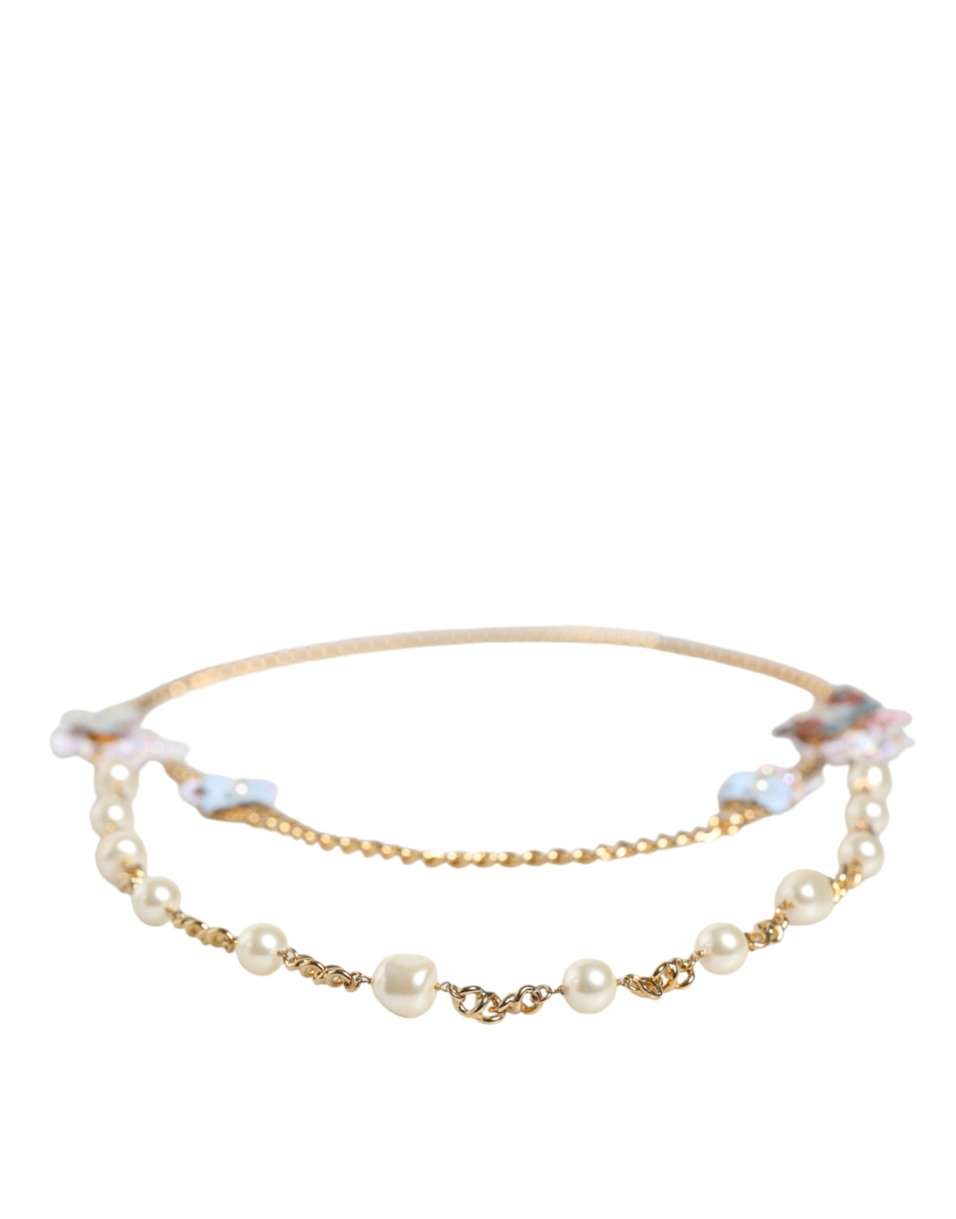 Dolce & Gabbana Gold Chain Brass Floral Layered Crystal Pearl Necklace Dolce & Gabbana