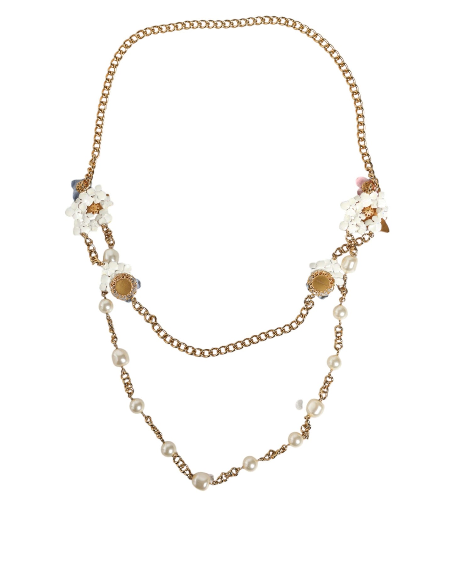 Dolce & Gabbana Gold Chain Brass Floral Layered Crystal Pearl Necklace Dolce & Gabbana