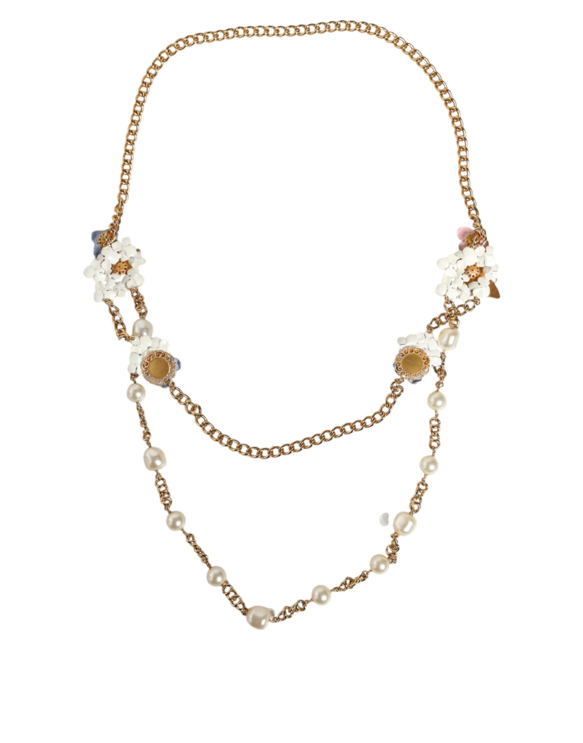 Dolce & Gabbana Gold Chain Brass Floral Layered Crystal Pearl Necklace Dolce & Gabbana