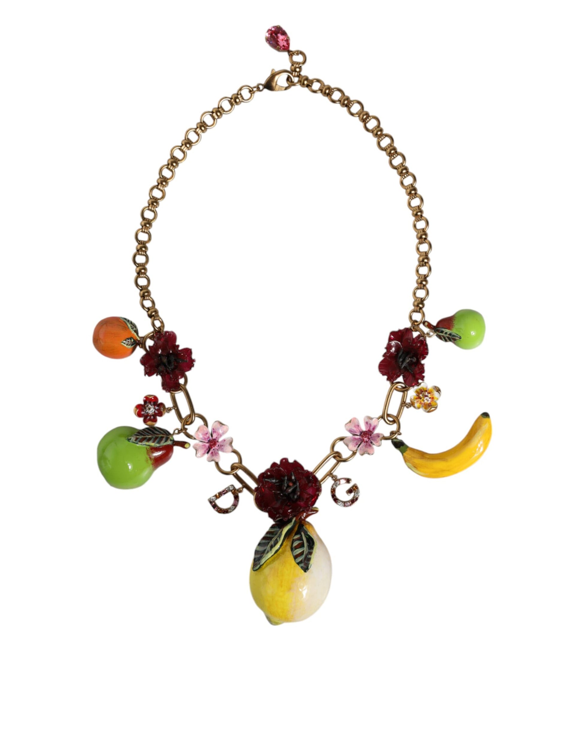 Dolce & Gabbana Gold Brass FRUIT Pendants Flowers Crystal Logo Necklace Dolce & Gabbana