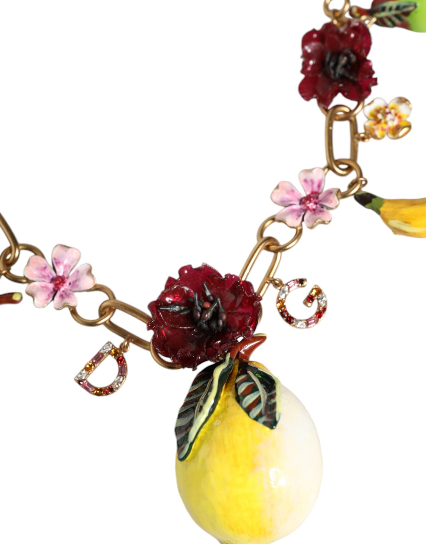 Dolce & Gabbana Gold Brass FRUIT Pendants Flowers Crystal Logo Necklace Dolce & Gabbana