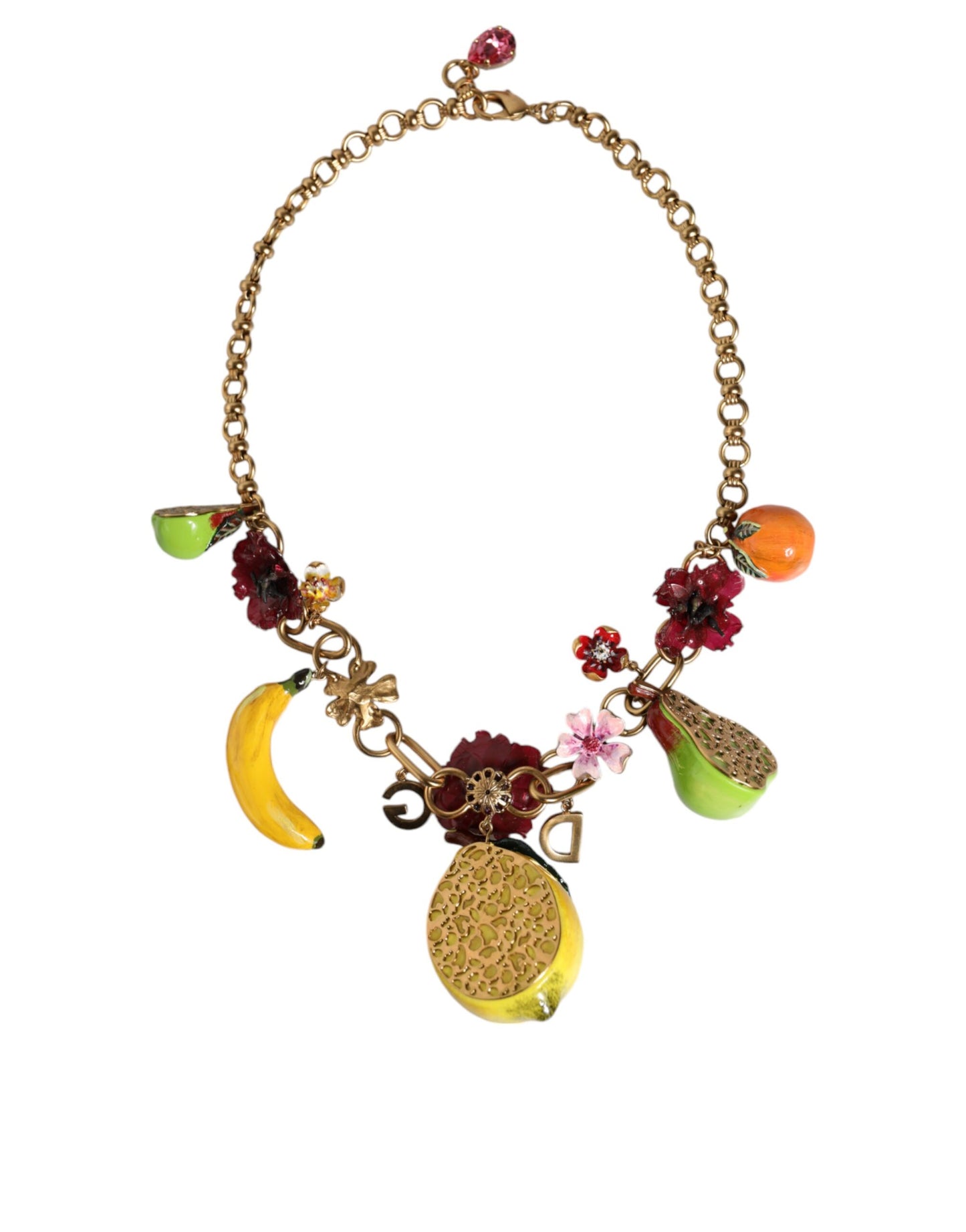 Dolce & Gabbana Gold Brass FRUIT Pendants Flowers Crystal Logo Necklace Dolce & Gabbana