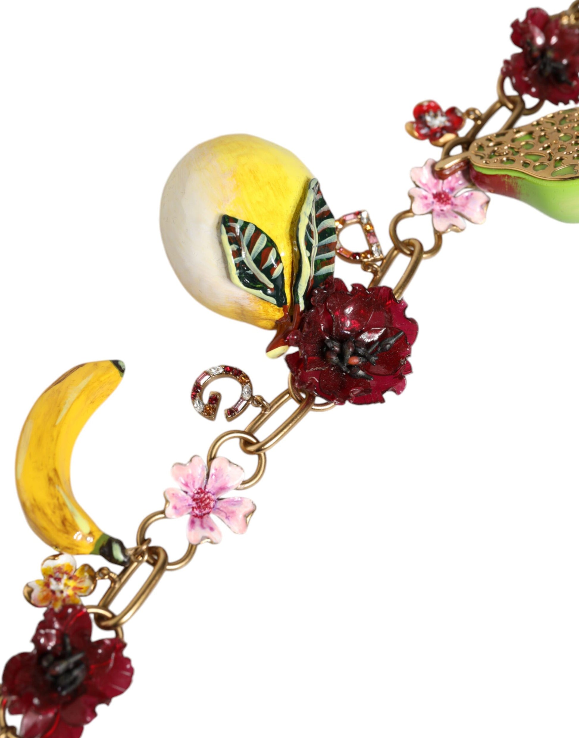 Dolce & Gabbana Gold Brass FRUIT Pendants Flowers Crystal Logo Necklace Dolce & Gabbana