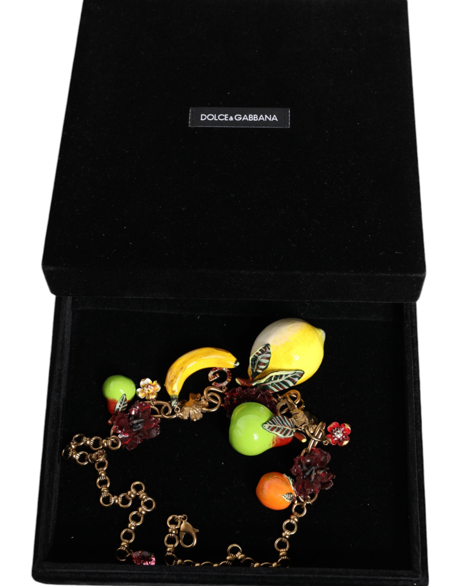 Dolce & Gabbana Gold Brass FRUIT Pendants Flowers Crystal Logo Necklace Dolce & Gabbana