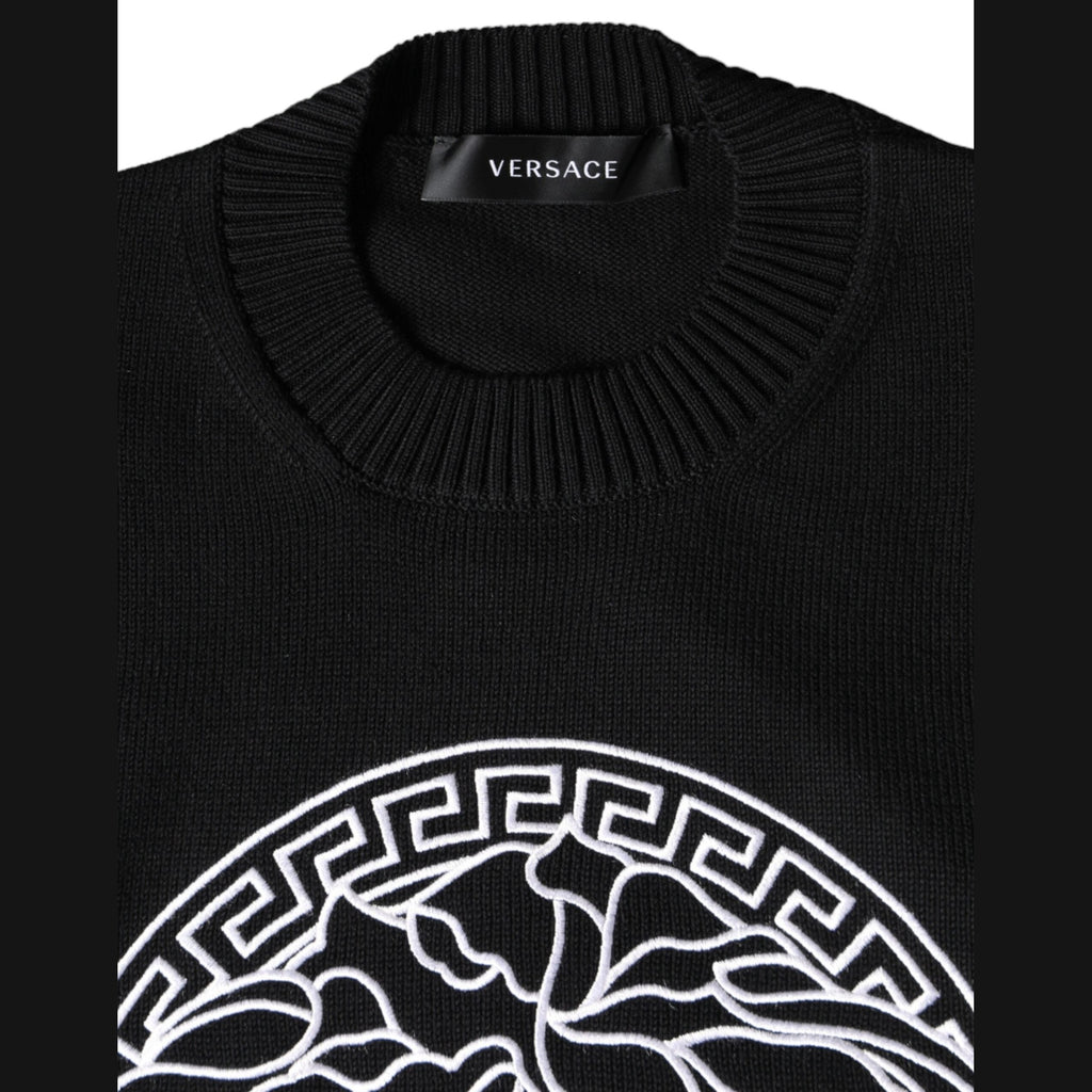 Versace Black Medusa Embroidery Crew Neck Pullover Sweater