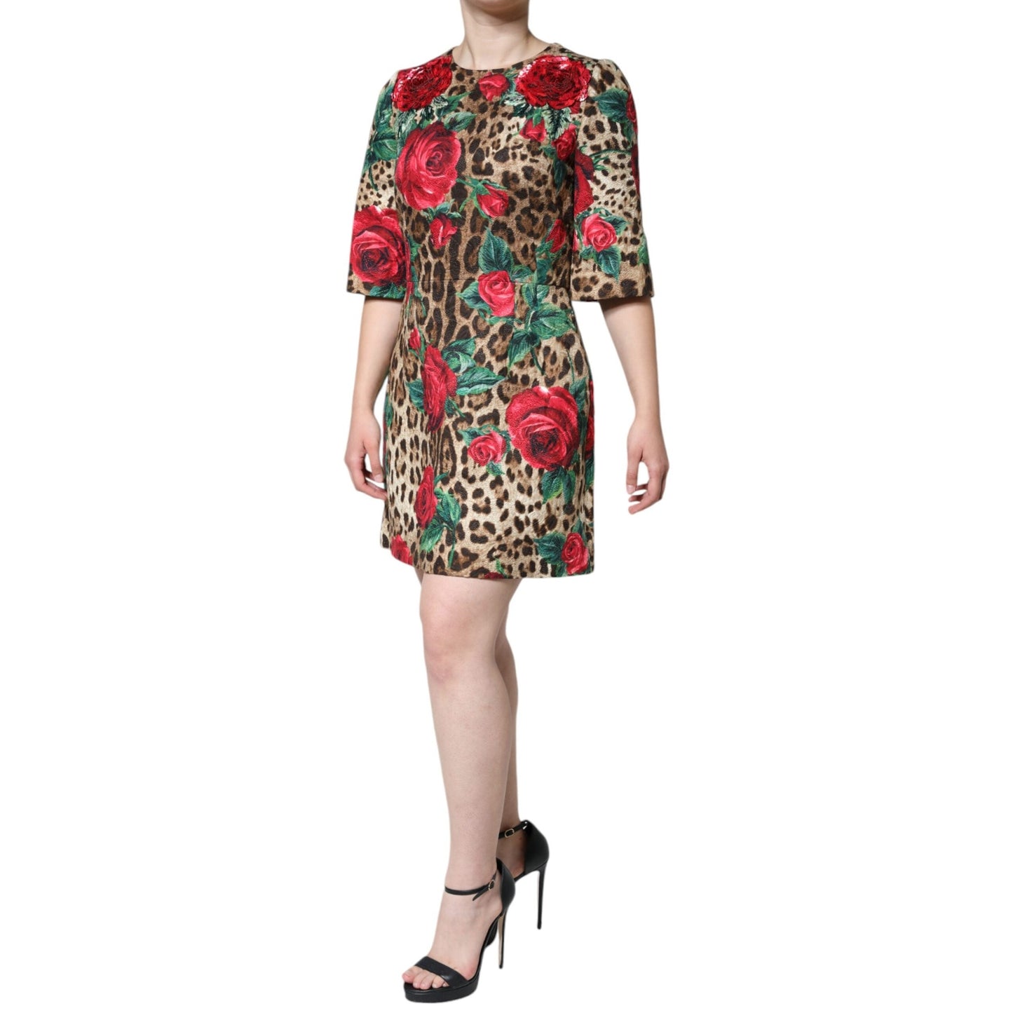 Dolce & Gabbana Brown Leopard Red Roses Cotton A-line Dress