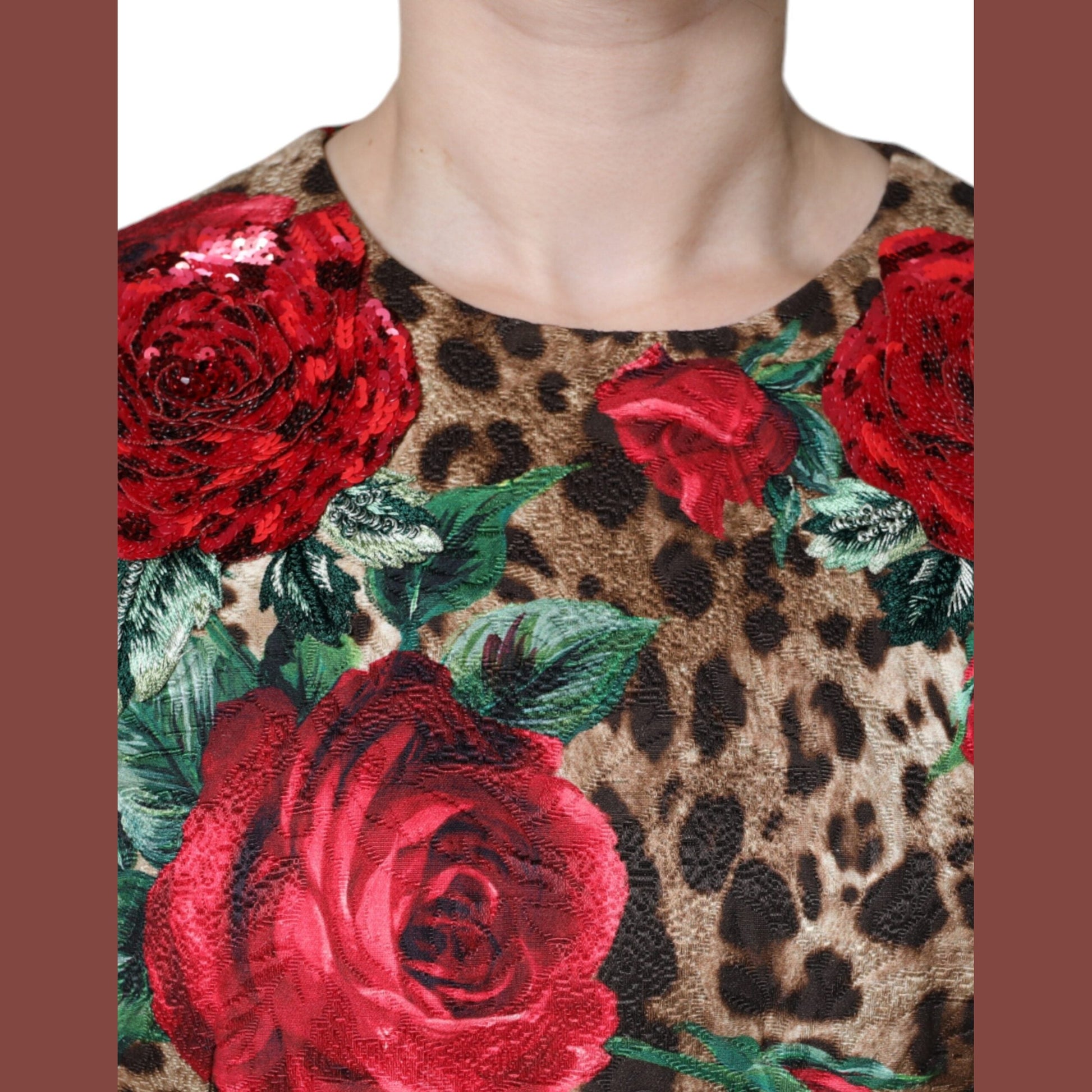 Dolce & Gabbana Brown Leopard Red Roses Cotton A-line Dress