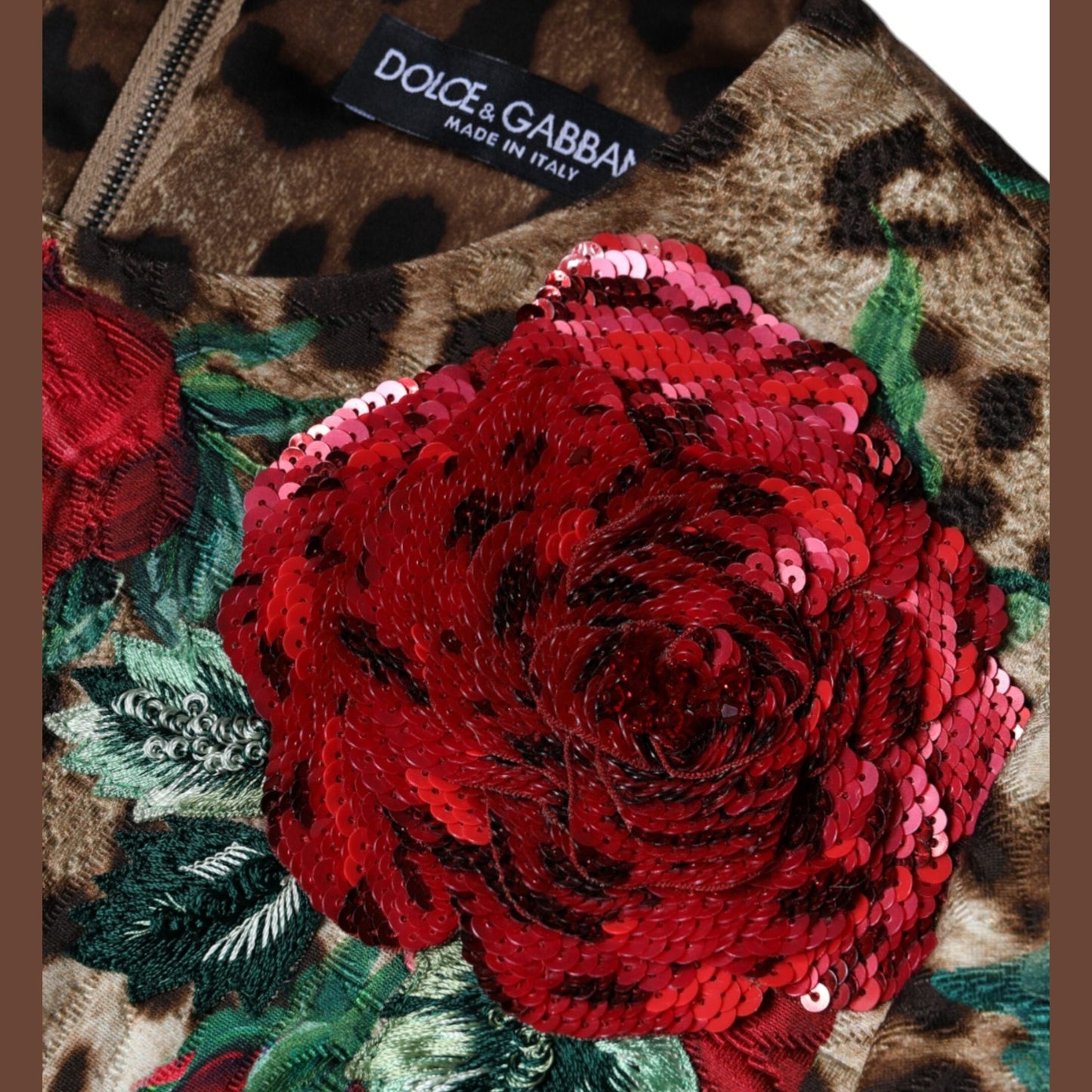 Dolce & Gabbana Brown Leopard Red Roses Cotton A-line Dress