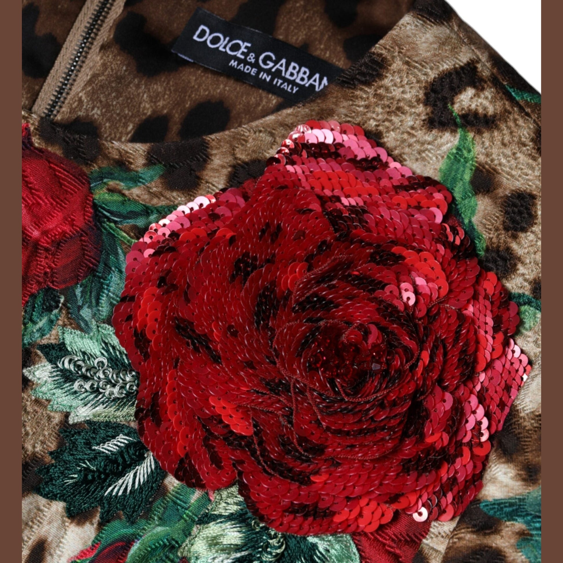 Dolce & Gabbana Brown Leopard Red Roses Cotton A-line Dress