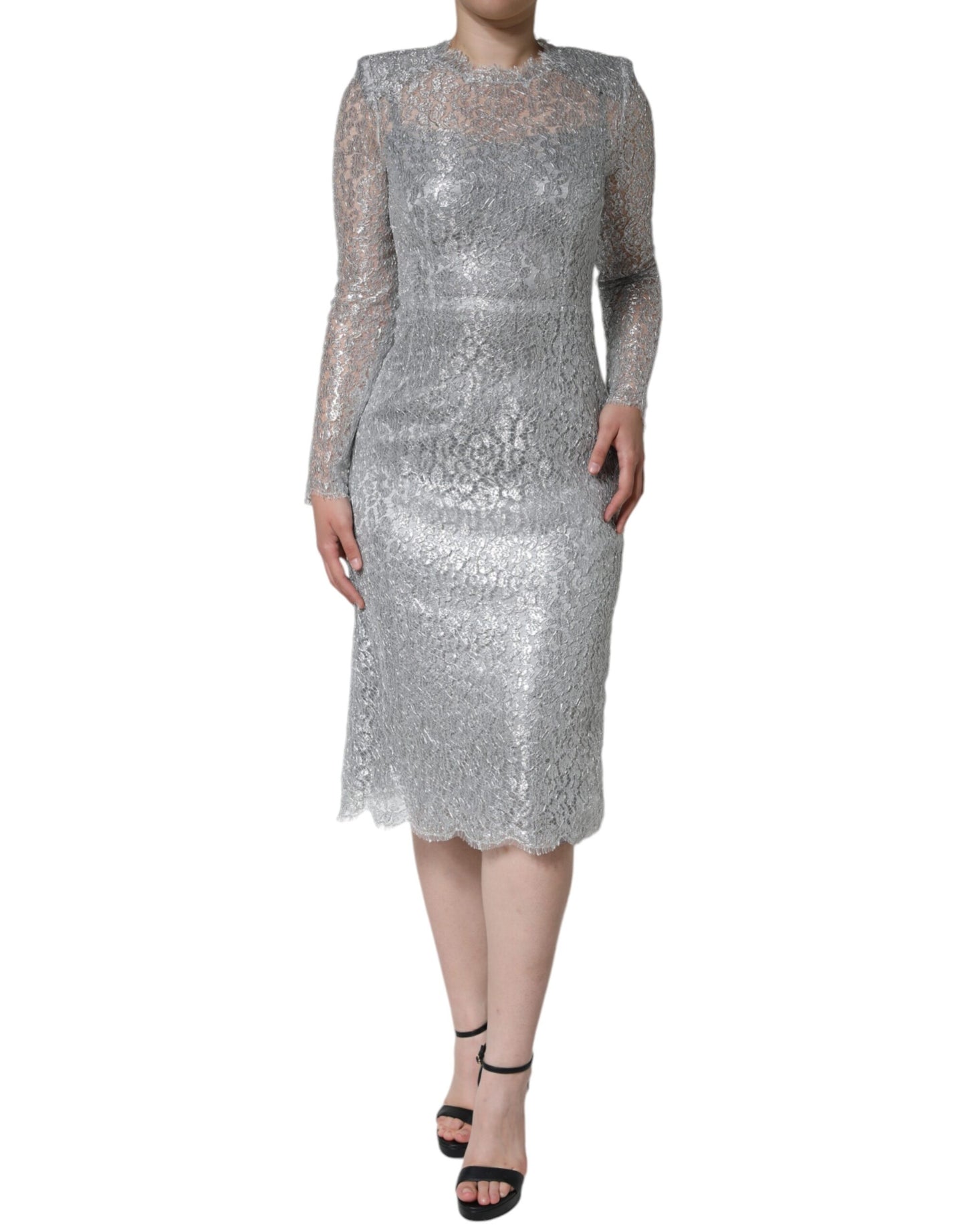Dolce & Gabbana Silver Floral Lace Bodycon Sheath Midi Dress Dolce & Gabbana