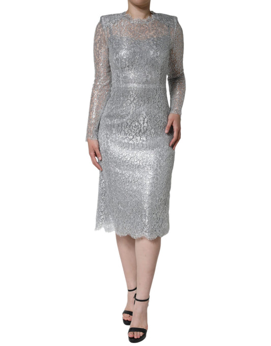 Dolce & Gabbana Silver Floral Lace Bodycon Sheath Midi Dress Dolce & Gabbana