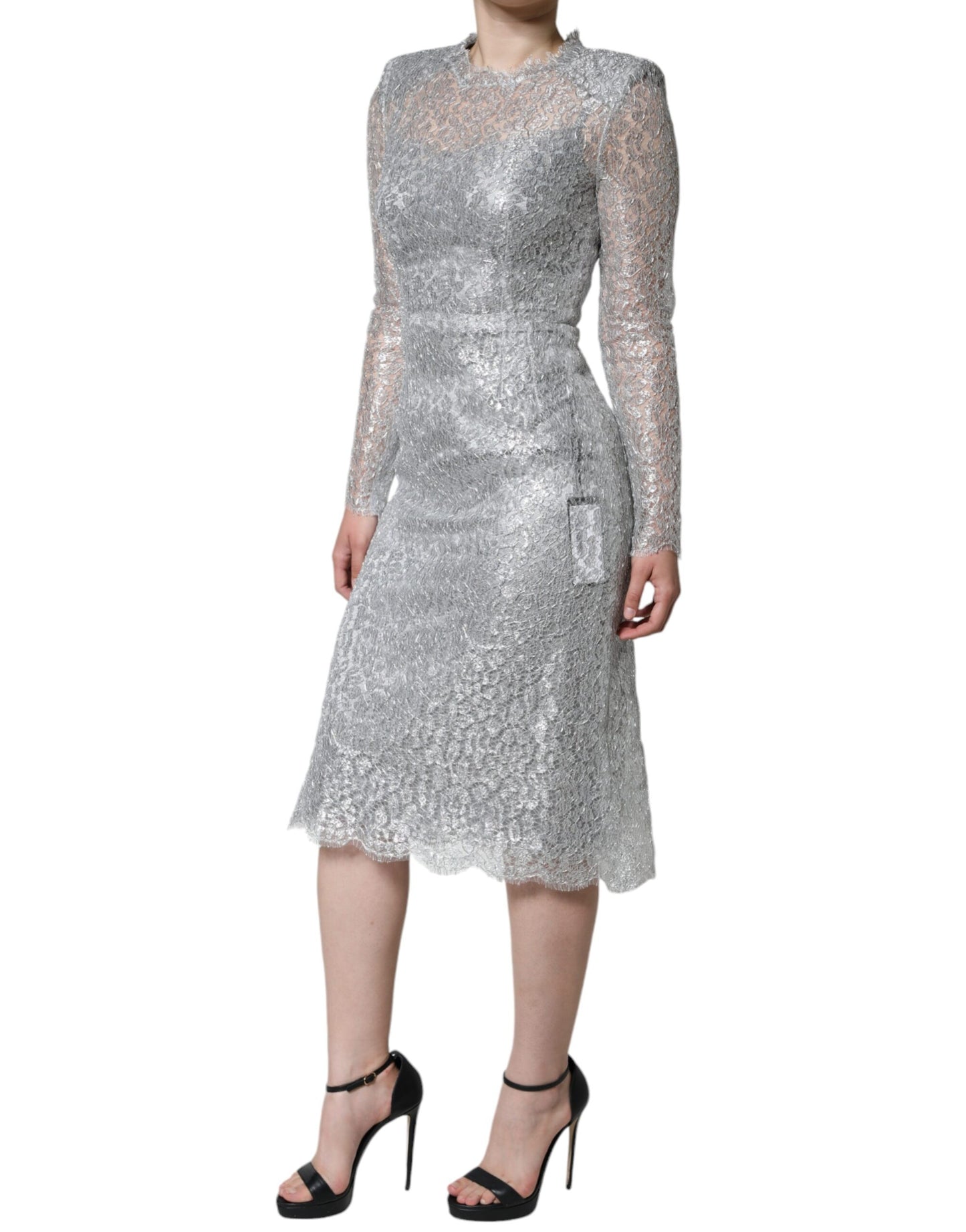 Dolce & Gabbana Silver Floral Lace Bodycon Sheath Midi Dress Dolce & Gabbana
