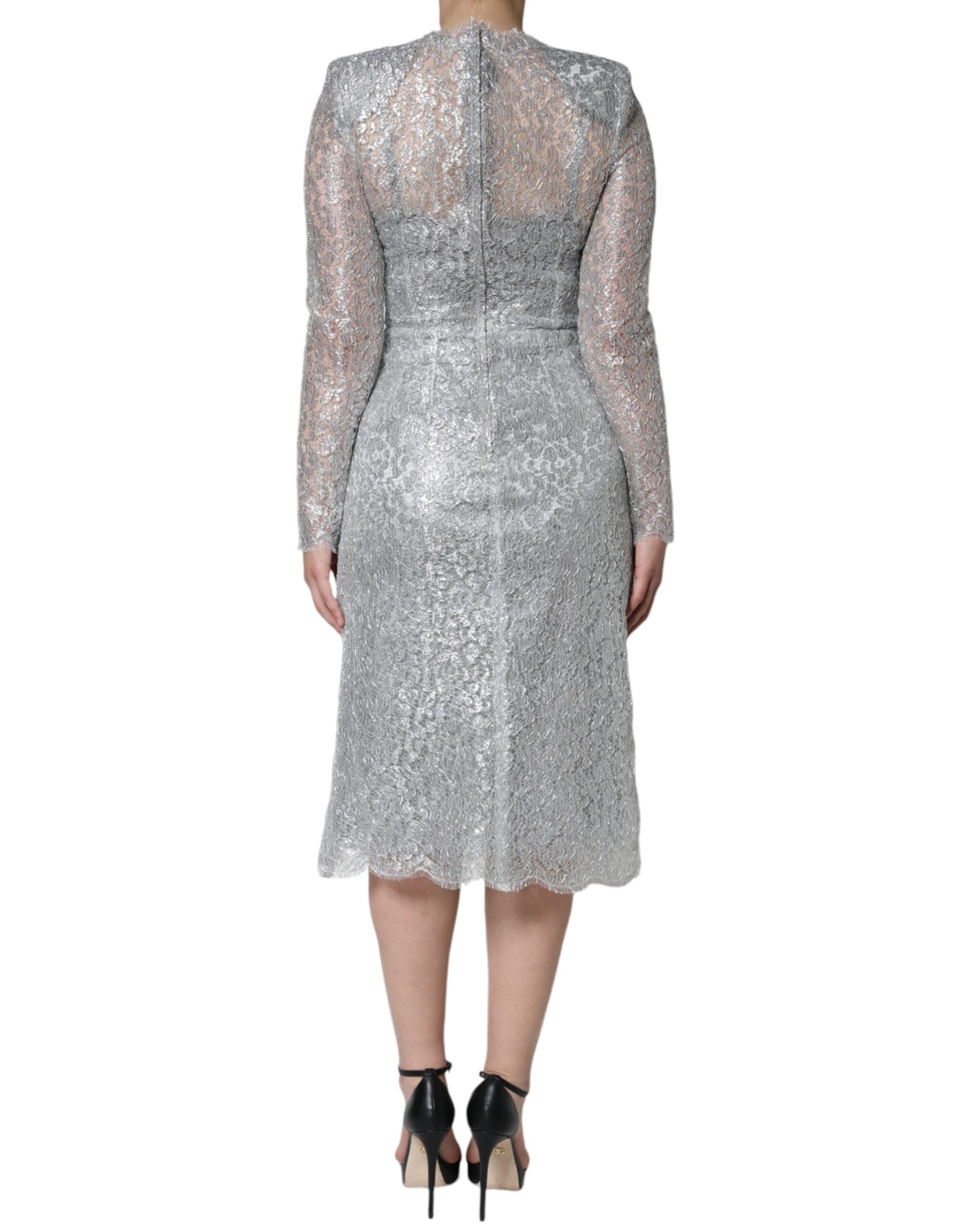 Dolce & Gabbana Silver Floral Lace Bodycon Sheath Midi Dress Dolce & Gabbana