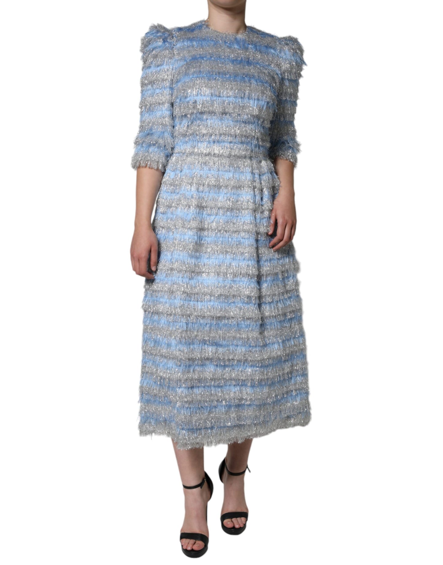 Dolce & Gabbana Light Blue Silver Jacquard A-line Midi Dress Dolce & Gabbana