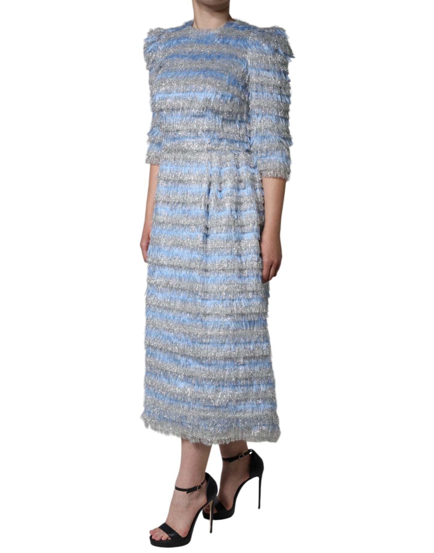Dolce & Gabbana Light Blue Silver Jacquard A-line Midi Dress Dolce & Gabbana