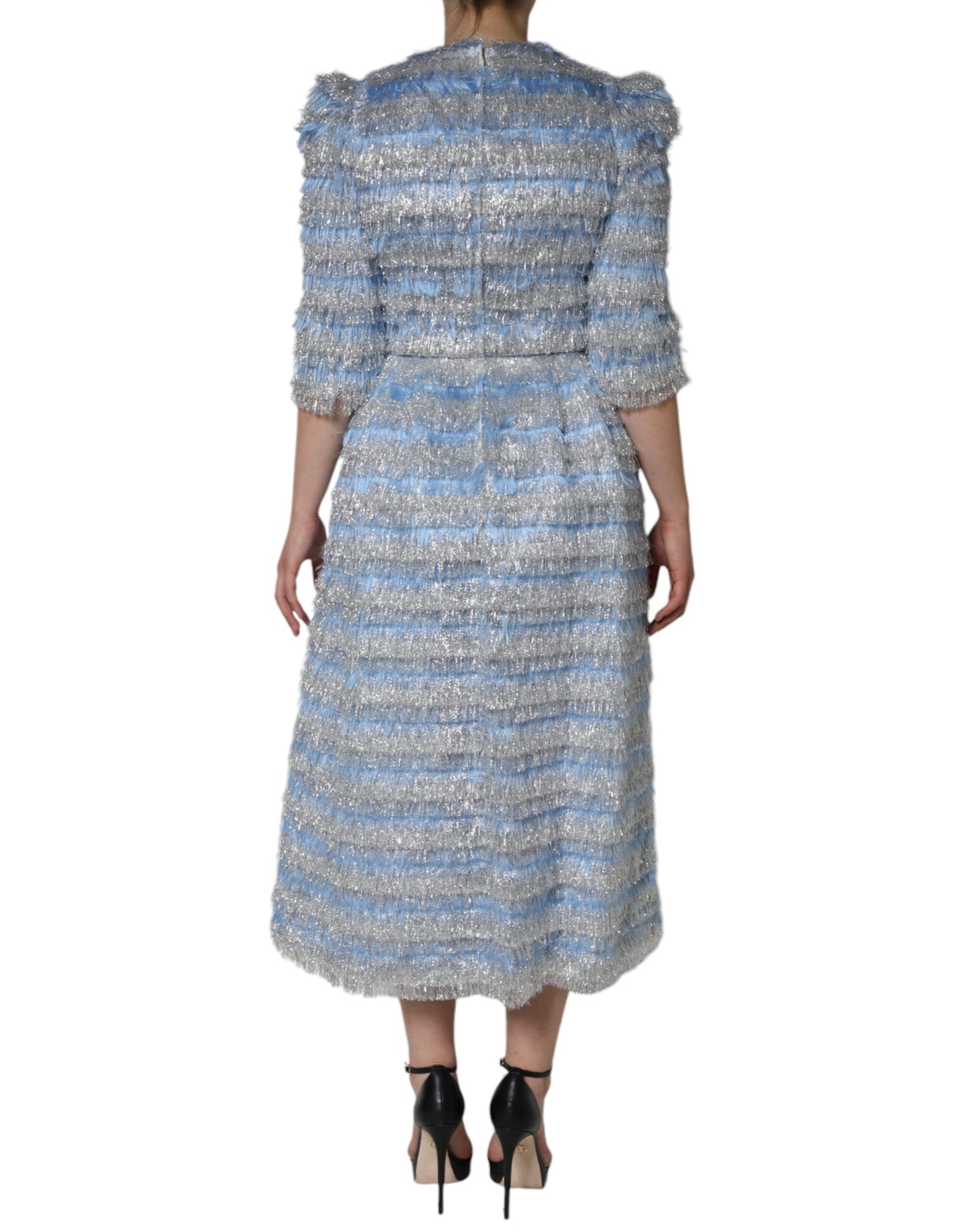 Dolce & Gabbana Light Blue Silver Jacquard A-line Midi Dress Dolce & Gabbana
