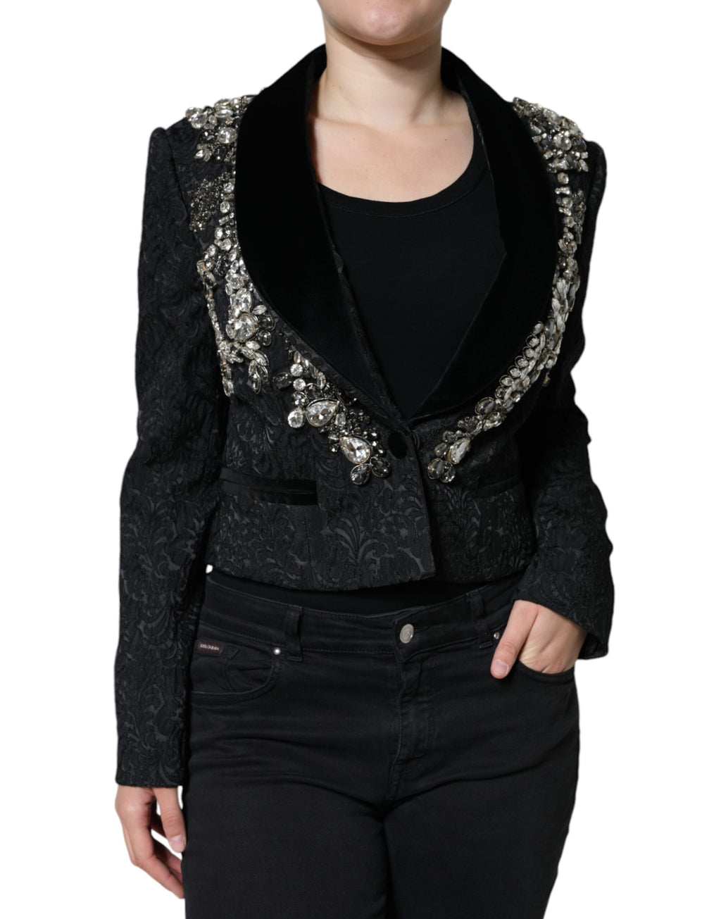 Dolce & Gabbana Black Jacquard Crystal Floral Jacket Blazer - Eljoys Fashion 