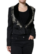 Dolce & Gabbana Black Jacquard Crystal Floral Jacket Blazer - Eljoys Fashion 