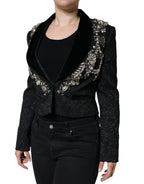 Dolce & Gabbana Black Jacquard Crystal Floral Jacket Blazer - Eljoys Fashion 