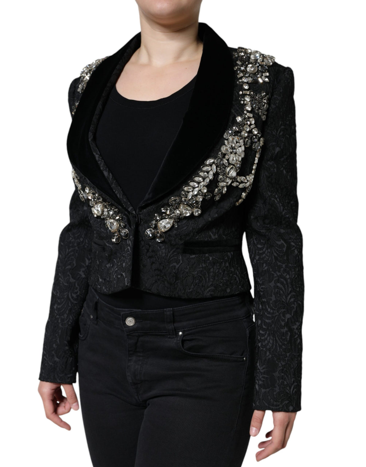 Dolce & Gabbana Black Jacquard Crystal Floral Jacket Blazer - Eljoys Fashion 