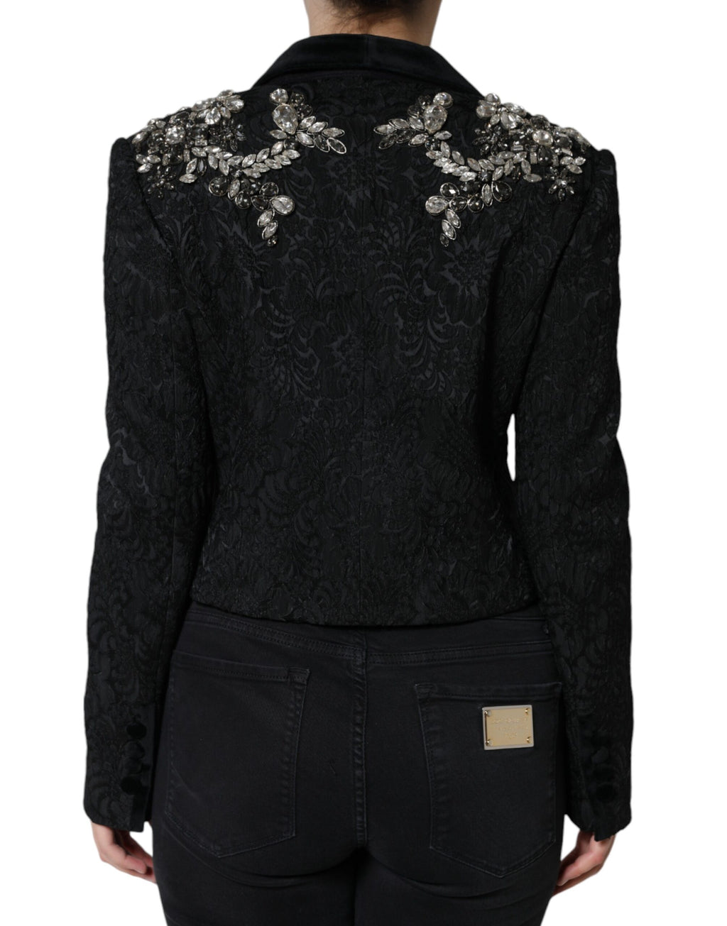 Dolce & Gabbana Black Jacquard Crystal Floral Jacket Blazer - Eljoys Fashion 