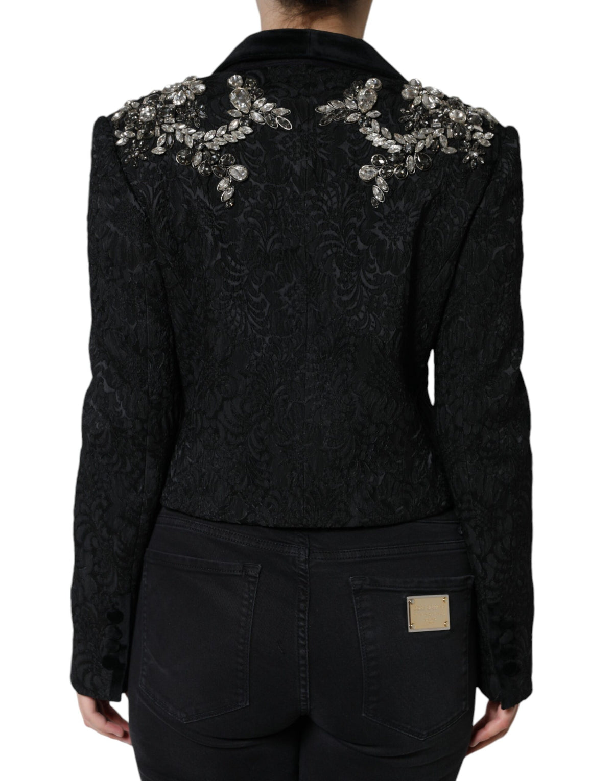 Dolce & Gabbana Black Jacquard Crystal Floral Jacket Blazer - Eljoys Fashion 