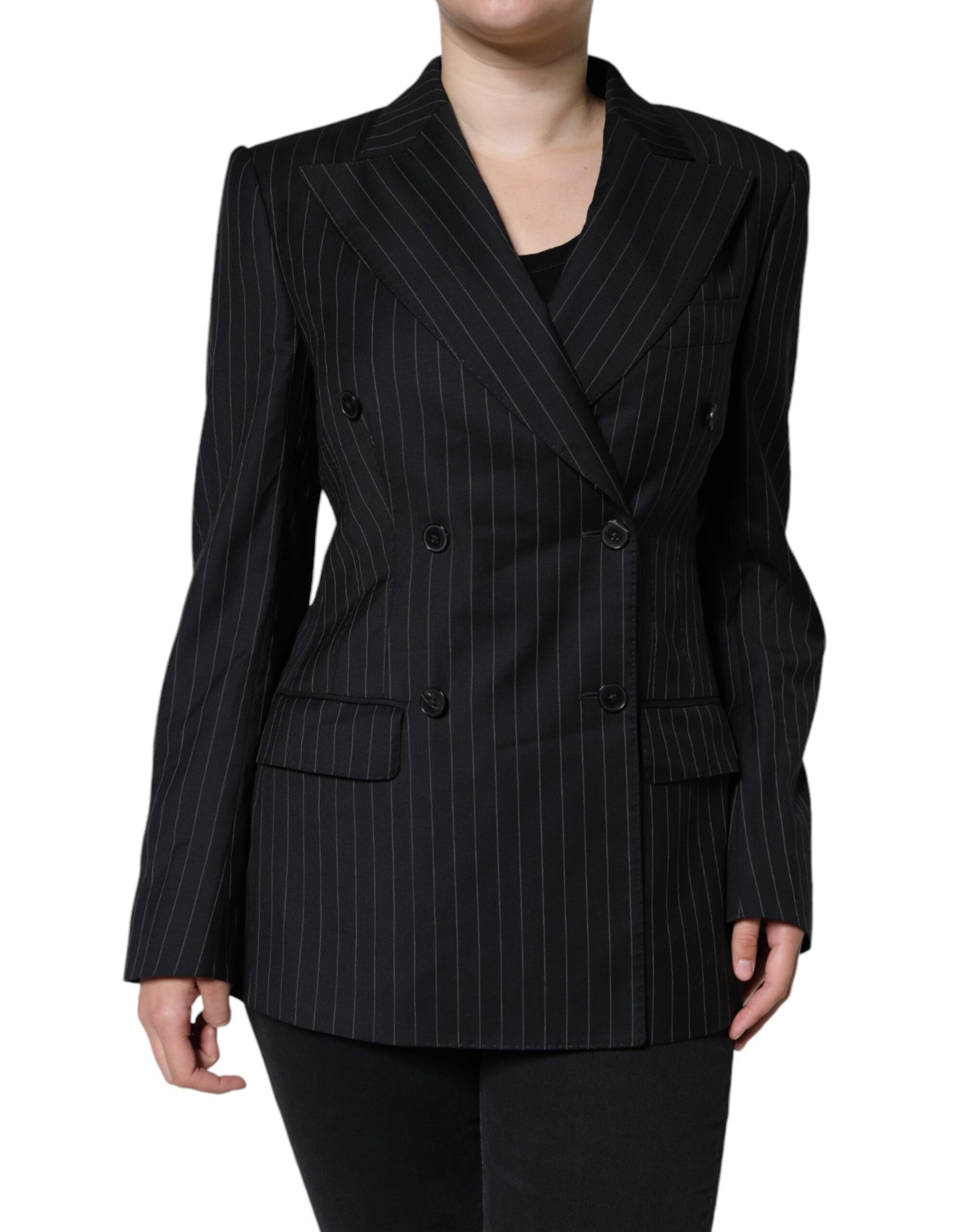 Dolce & Gabbana Black Striped Double Breasted Coat Jacket Dolce & Gabbana