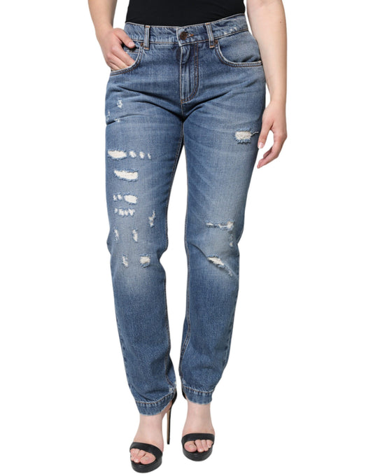 Dolce & Gabbana Blue Cotton Tattered Boyfriend Denim Jeans Dolce & Gabbana