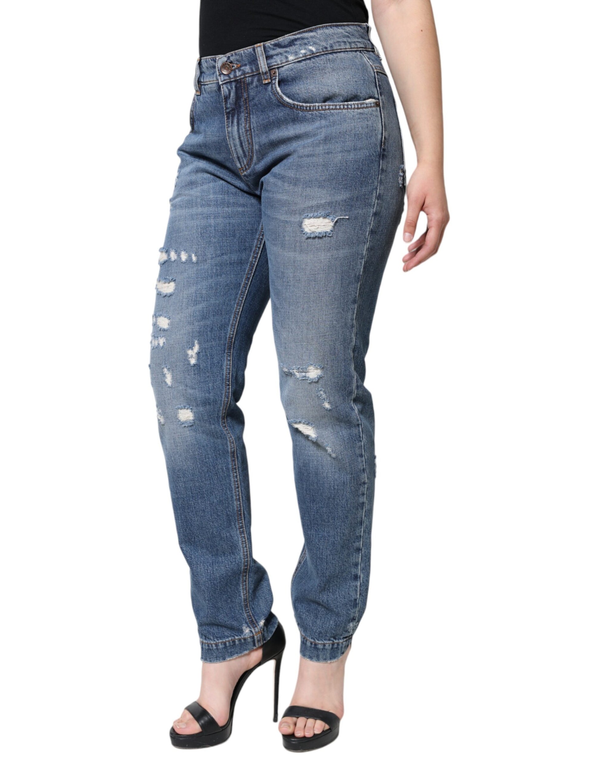 Dolce & Gabbana Blue Cotton Tattered Boyfriend Denim Jeans Dolce & Gabbana