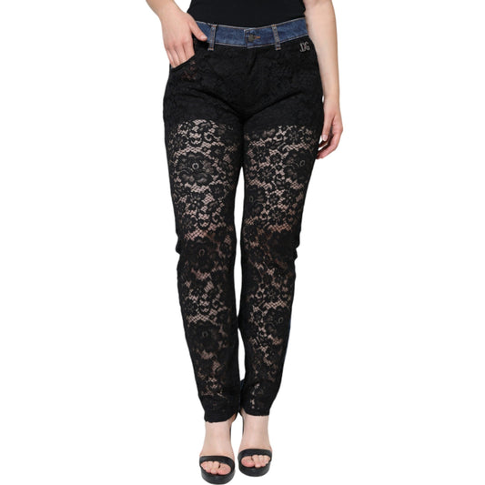 Dolce & Gabbana Black Floral Lace Front Skinny Denim Jeans Dolce & Gabbana