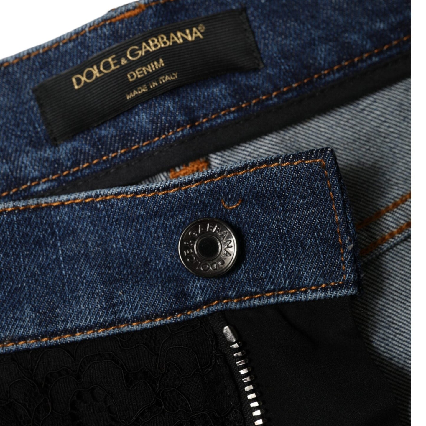 Dolce & Gabbana Black Floral Lace Front Skinny Denim Jeans Dolce & Gabbana