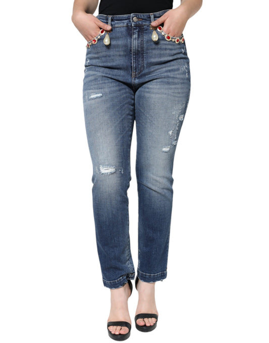 Dolce & Gabbana Dark Blue Cotton Tattered Skinny Denim Jeans Dolce & Gabbana